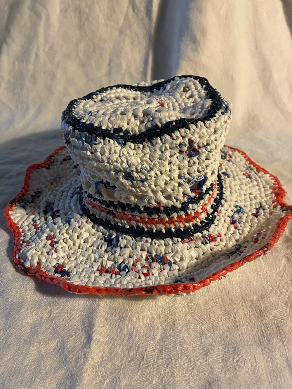 Crochet Sun Bucket Hat in White with Navy & Red Trim its a Waterproof Material